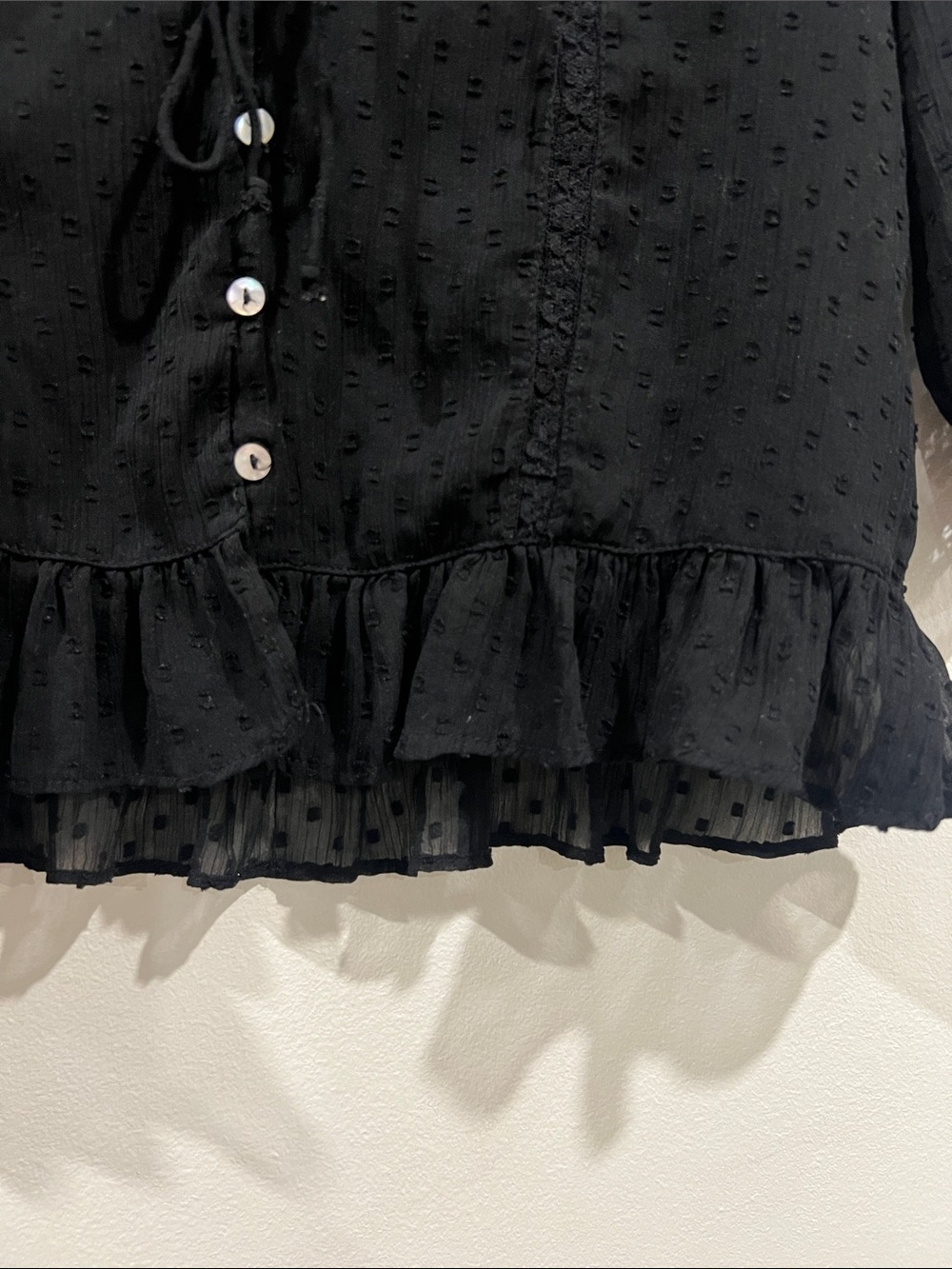 Zara Black Sheer Dot Ruffle Tie-Front Cropped Blouse size small - Picture 5 of 5